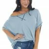 CY Fashion Tops Powder Blue Waffle Knit Open Back Top With Exposed Stitching