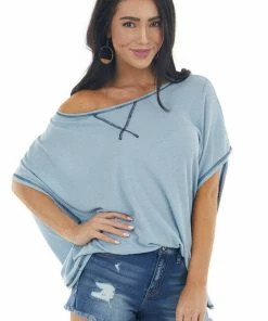 CY Fashion Tops Powder Blue Waffle Knit Open Back Top With Exposed Stitching