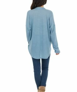 HOPELY Tops Powder Blue Waffle Knit Surplice Top With Criss Cross Detail