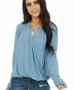 HOPELY Tops Powder Blue Waffle Knit Surplice Top With Criss Cross Detail