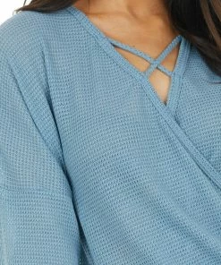 HOPELY Tops Powder Blue Waffle Knit Surplice Top With Criss Cross Detail