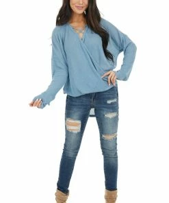 HOPELY Tops Powder Blue Waffle Knit Surplice Top With Criss Cross Detail