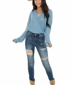HOPELY Tops Powder Blue Waffle Knit Surplice Top With Criss Cross Detail