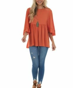 Haptics Pumpkin 3/4 Flare Sleeve Drop Waist Blouse
