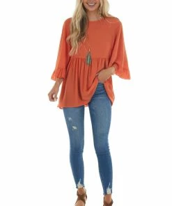 Haptics Pumpkin 3/4 Flare Sleeve Drop Waist Blouse