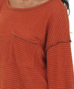 BiBi Pumpkin Loose Waffle Knit Chest Pocket Top