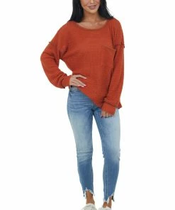 BiBi Pumpkin Loose Waffle Knit Chest Pocket Top
