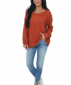BiBi Pumpkin Loose Waffle Knit Chest Pocket Top