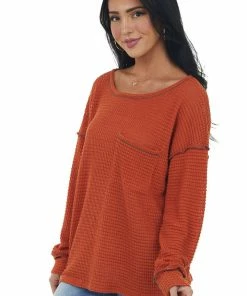 BiBi Pumpkin Loose Waffle Knit Chest Pocket Top