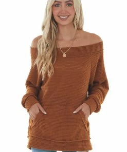 FSL APPAREL Tops Pumpkin Spice Off Shoulder Loose Knit Top