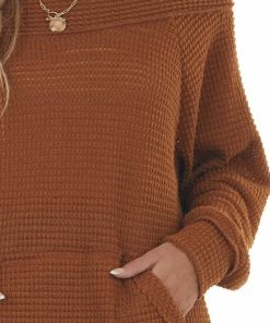 FSL APPAREL Tops Pumpkin Spice Off Shoulder Loose Knit Top