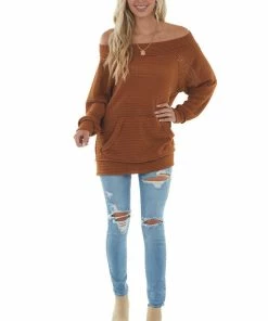 FSL APPAREL Tops Pumpkin Spice Off Shoulder Loose Knit Top
