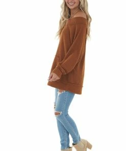 FSL APPAREL Tops Pumpkin Spice Off Shoulder Loose Knit Top