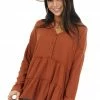 FSL APPAREL Rust Waffle Knit Tiered Peplum Top With Henley V Neck