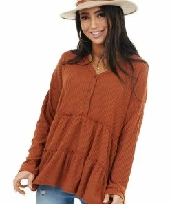 FSL APPAREL Rust Waffle Knit Tiered Peplum Top With Henley V Neck