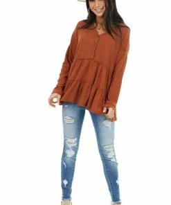 FSL APPAREL Rust Waffle Knit Tiered Peplum Top With Henley V Neck