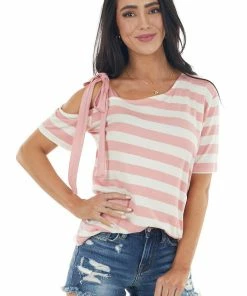 BiBi Punch And Ivory Striped Print Cold Shoulder Knit Top Tops