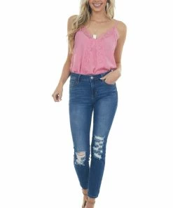 Umgee Punch Eyelash Lace Adjustable Strap Cami Tops