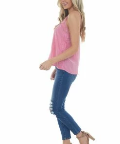 Umgee Punch Eyelash Lace Adjustable Strap Cami Tops