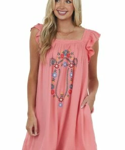 Davi & Dani Dresses Punch Floral Embroidered Woven Short Dress