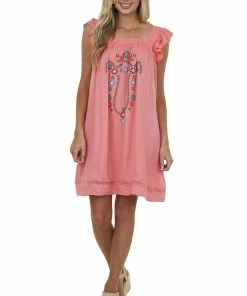 Davi & Dani Dresses Punch Floral Embroidered Woven Short Dress