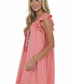 Davi & Dani Dresses Punch Floral Embroidered Woven Short Dress