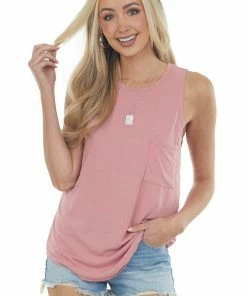 Style Melody Tops Rose Lightweight Sleeveless Knit Top With Pocket