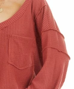 White Birch Tops Rust Long Sleeve Waffle Knit Top With Pocket And Side Slits