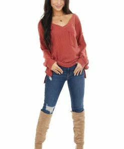 White Birch Tops Rust Long Sleeve Waffle Knit Top With Pocket And Side Slits