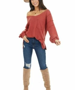 White Birch Tops Rust Long Sleeve Waffle Knit Top With Pocket And Side Slits