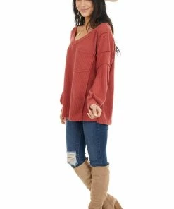 White Birch Tops Rust Long Sleeve Waffle Knit Top With Pocket And Side Slits