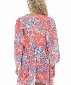 Umgee Tops Punch Paisley Print Waist Tie Detail Kimono