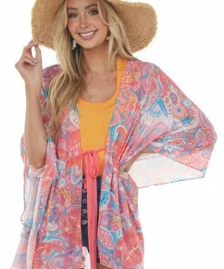 Umgee Tops Punch Paisley Print Waist Tie Detail Kimono