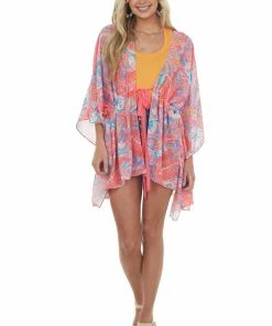 Umgee Tops Punch Paisley Print Waist Tie Detail Kimono