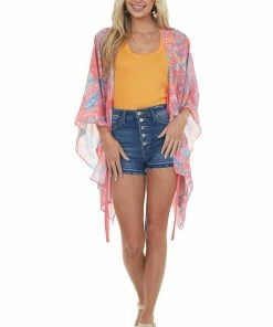 Umgee Tops Punch Paisley Print Waist Tie Detail Kimono