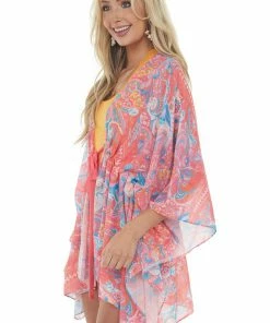 Umgee Tops Punch Paisley Print Waist Tie Detail Kimono