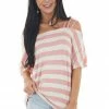 BiBi Blush Pink And Cream Striped Cold Strapped Shoulder Knit Top Tops 1 BiBi Blush Pink And Cream Striped Cold Strapped Shoulder Knit Top Tops