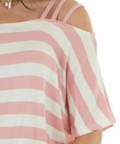 BiBi Blush Pink And Cream Striped Cold Strapped Shoulder Knit Top Tops 25 BiBi Blush Pink And Cream Striped Cold Strapped Shoulder Knit Top Tops