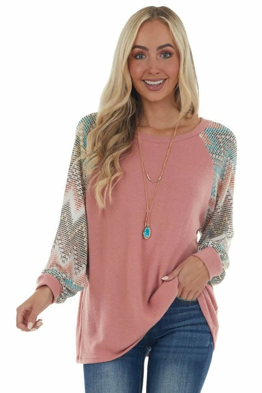 Haptics Punch Pink Long Chevron Bubble Sleeve Knit Top