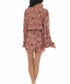 Entro Punch Pink Printed Bell Sleeve Surplice Romper Dresses