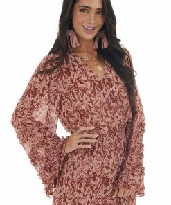 Entro Punch Pink Printed Bell Sleeve Surplice Romper Dresses