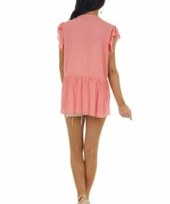 Staccato Coral Swiss Dot Babydoll V Neck Blouse Tops 24 Staccato Coral Swiss Dot Babydoll V Neck Blouse Tops