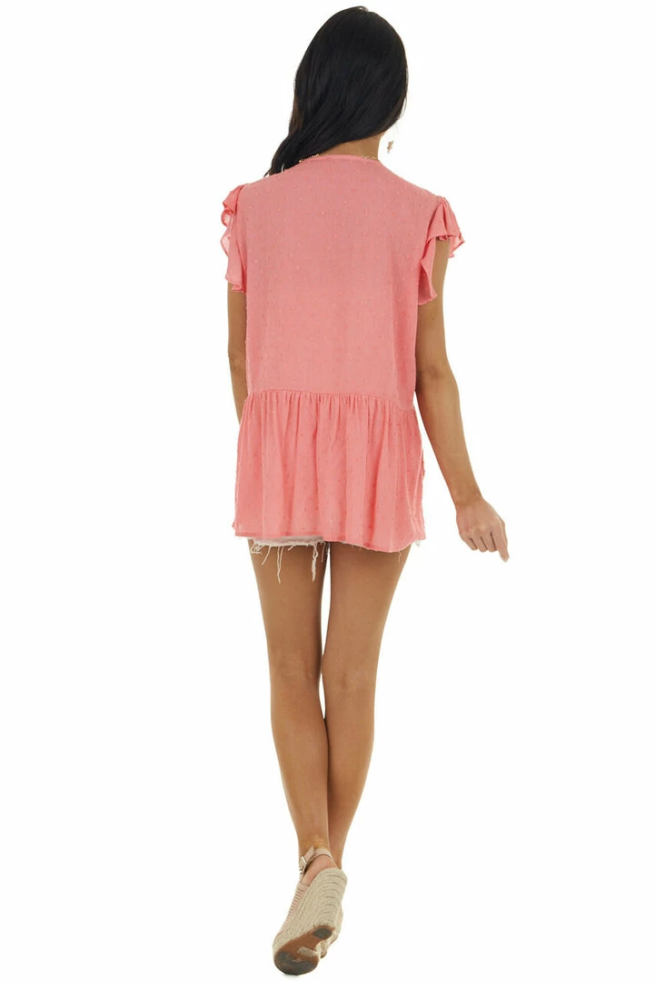 Staccato Coral Swiss Dot Babydoll V Neck Blouse Tops 9 Staccato Coral Swiss Dot Babydoll V Neck Blouse Tops