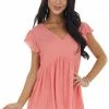 Staccato Coral Swiss Dot Babydoll V Neck Blouse Tops 1 Staccato Coral Swiss Dot Babydoll V Neck Blouse Tops