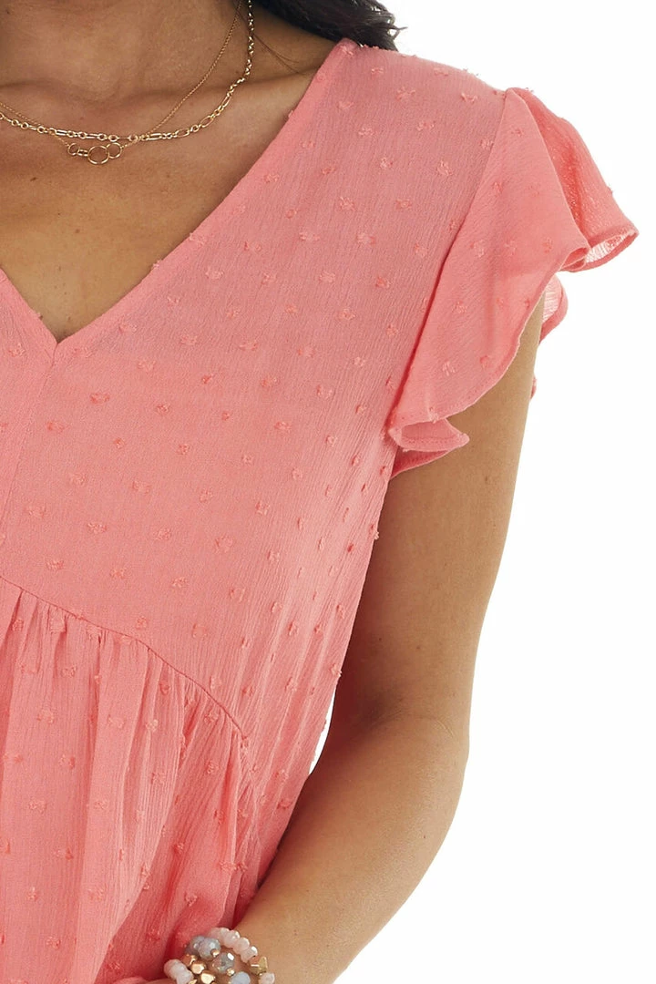 Staccato Coral Swiss Dot Babydoll V Neck Blouse Tops 10 Staccato Coral Swiss Dot Babydoll V Neck Blouse Tops