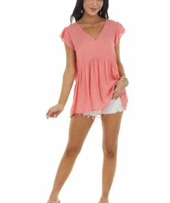 Staccato Coral Swiss Dot Babydoll V Neck Blouse Tops 22 Staccato Coral Swiss Dot Babydoll V Neck Blouse Tops