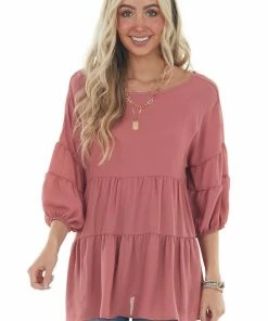 Haptics Tops Punch Pink Tiered Puff Sleeve Tiered Woven Top
