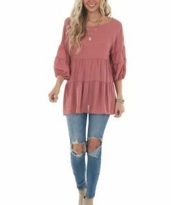 Haptics Tops Punch Pink Tiered Puff Sleeve Tiered Woven Top