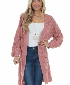 Davi & Dani Punch Pointelle Knit Bubble Sleeve Cardigan Cardigans