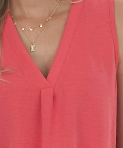 FSL APPAREL Punch Sleeveless Woven V Neck Crinkle Blouse Tops
